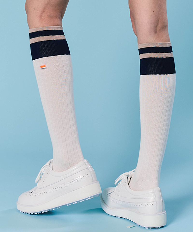 Orange Label Two-Tone Color Blocking Knee Socks - White