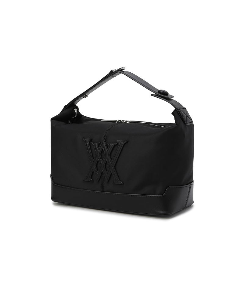 ANEW black shoulder bag showing side profile, zip closure, and structured leather base