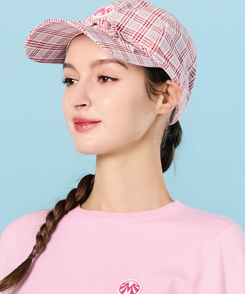 Hexagonal Pattern Cotton Ribbon Bucket Hat - Pink