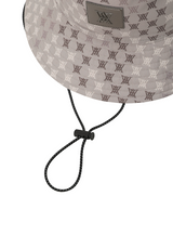 White logo mosaic reversible bucket golf hat, close-up detail