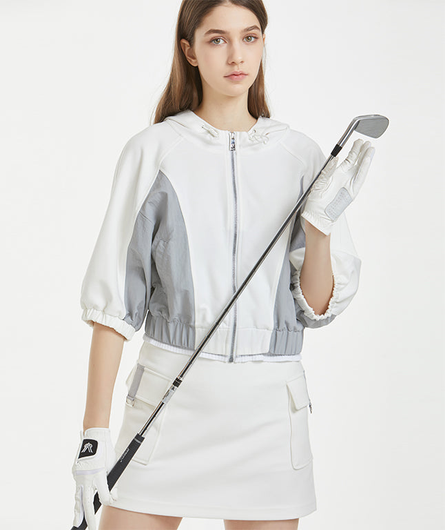 [SET SALE] Grain Loose Fit 5-Part Sleeve Short Blouson & Cargo Pocket Banding Skirt - White